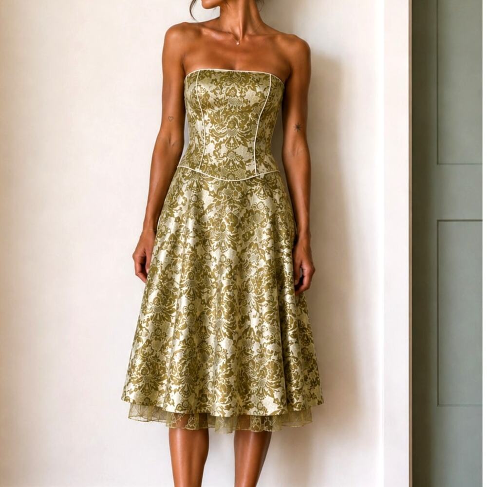 Vintage Y2K Strapless Damask Midi Dress Gold Drop Waist Brocade Lace Hem-Small
